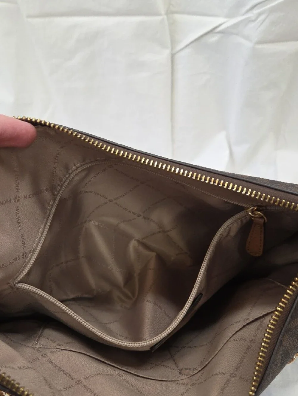 Michael Kors Edan MK Logo and Tan Leather Hobo with Gold Chain